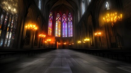 Obraz premium A grand, dimly lit cathedral interior with stained glass windows and chandeliers.