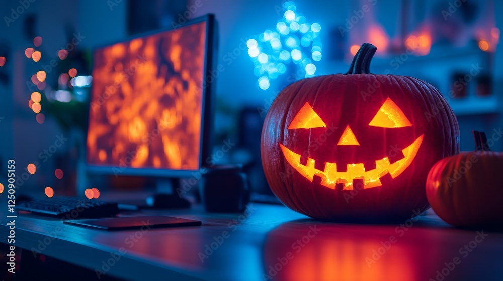 Poster halloween night coding: a carved pumpkin glows beside a computer screen, lit by festive string light