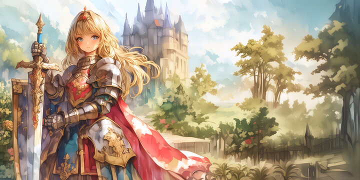 戦士の女性。水彩画。イラスト。バナー素材。挿絵。