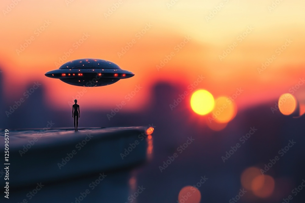 Poster a person standing on the edge of a rooftop next to a flying saucer, offering a unique perspective on