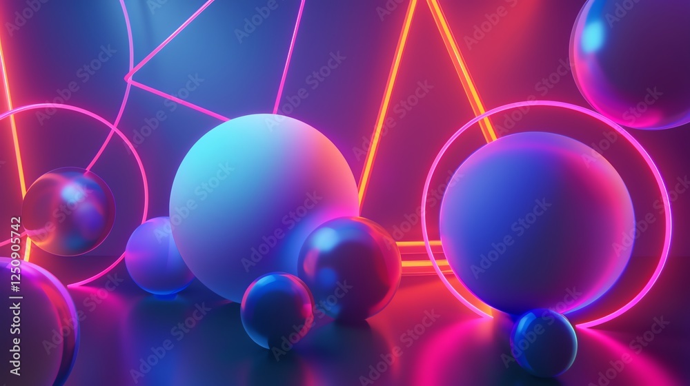 Wall mural an abstract 3d scene with colorful geometric shapes and glowing neon lights.