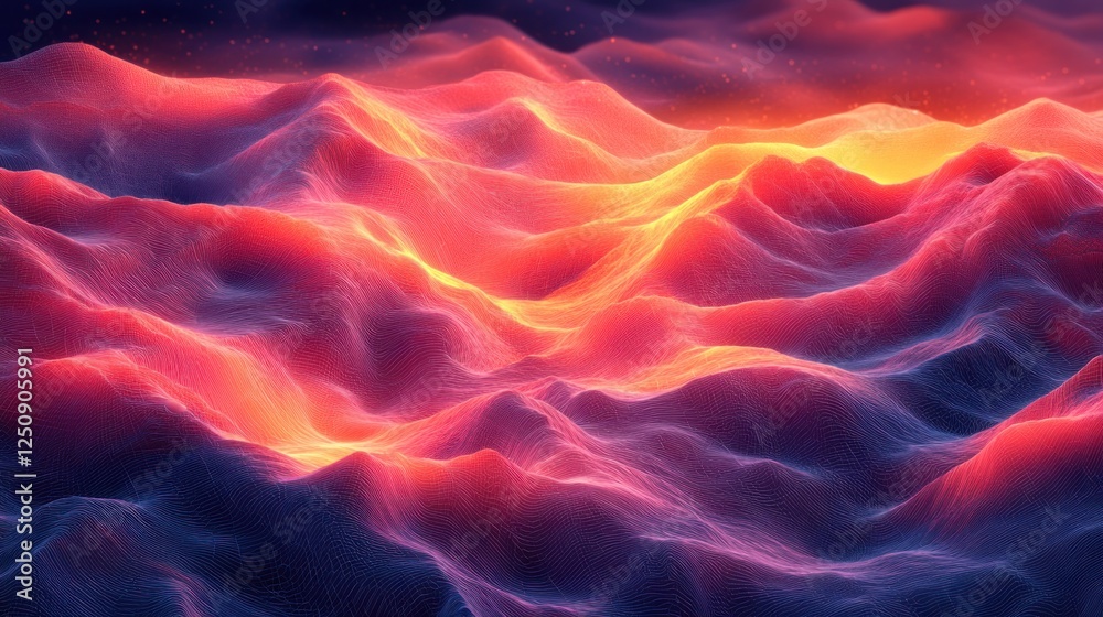 Poster Abstract glowing red and orange landscape with waves and particles.