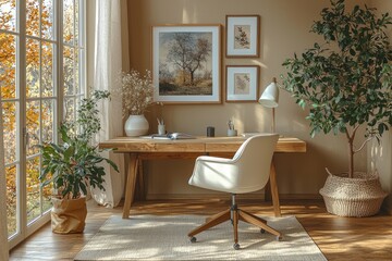 Cozy Home Office Workspace With Autumnal View