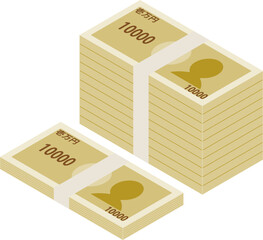 シンプルな100万円と1000万円の札束を左上向きに描いたアイソメトリックイラストセット