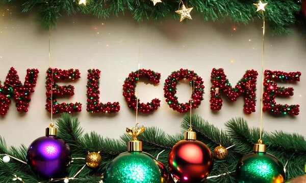 A themed video showcasing the word "WELCOME" spelled out with red berries, surrounded by pine branches and ornaments. The scene is filled with festive lights and a sense of warmth and celebr
