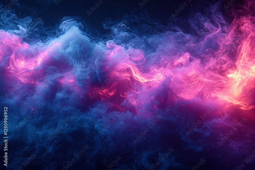 Poster swirling ethereal clouds of deep blue and purple neon smoke create a mystical atmosphere with soft l
