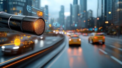 Futuristic high tech media event setup with modern urban traffic backdrop Cityscape with skyscrapers cars