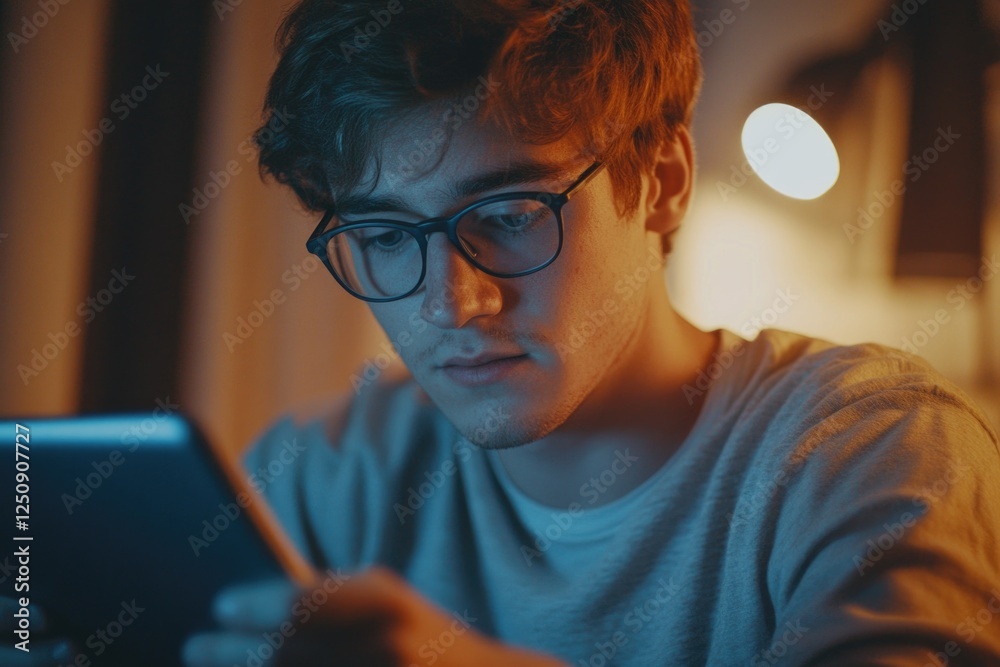 Poster a person looking at a tablet computer with glasses on