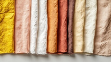 Collection of colorful plant-dyed linen fabric samples arranged on a white surface