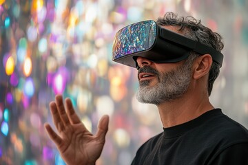 A man immersed in a virtual reality experience, interacting with a colorful, abstract digital environment.