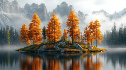 Obraz premium Autumnal island, misty lake, mountain backdrop, serene