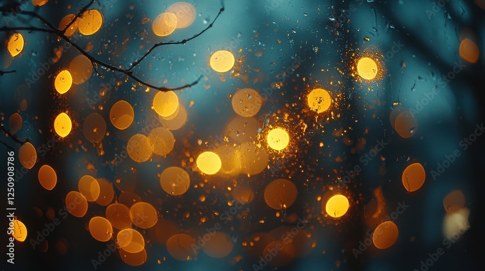 Poster Warm golden bokeh lights creating a cozy atmosphere against a dark backdrop with delicate reflections for elegant backgrounds