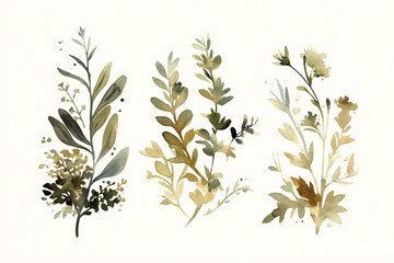 Fototapeta premium Delicate watercolor leaves and branches on a crisp white background offer a serene touch