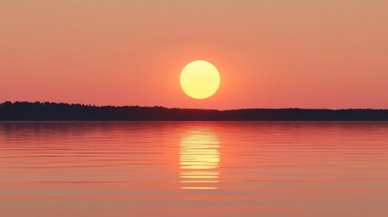 Sunset over calm lake, trees silhouetted, peaceful evening scene
