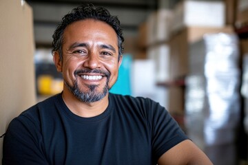 Obraz premium A happy person with a beard smiles in an industrial setting, suitable for use in illustrations about work or leisure activities