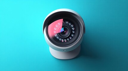 Security camera lens, data privacy, teal background, digital surveillance