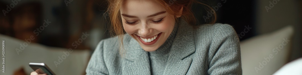 Poster A person smiling while checking their mobile device