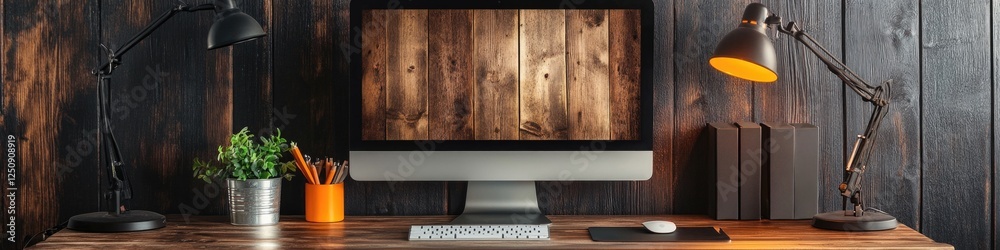 Aufkleber a desktop computer sits on top of a wooden desk, ready for use