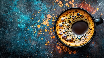 drinks coffee fizzy concept. Rich coffee in a black mug against a colorful, textured background.