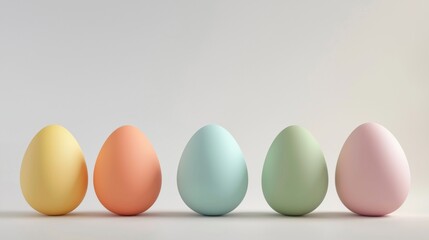 Five pastel-colored eggs arranged in a neat row on a simple, light background. Each egg features a different soft hue, creating a harmonious and minimalist aesthetic