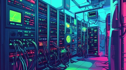 Fototapeta premium A computer room with neon lights and wires. The room is filled with computer servers and cables