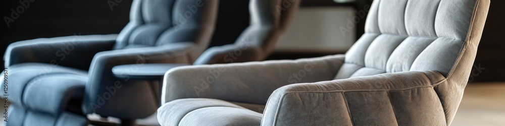 Poster a line of blue chairs placed side by side, perfect for event seating or decorative display