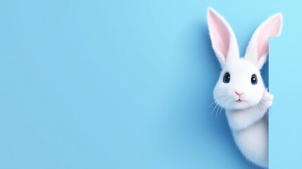 Obraz premium Adorable white rabbit peeks from the edge of a vibrant blue background, showcasing its fluffy fur and curious expression. Perfect for themes of innocence, curiosity, and nature