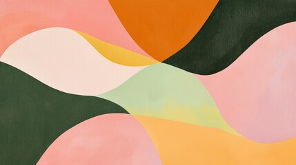 Abstract artwork featuring flowing, curved shapes in earthy tones of green, pink, orange, and yellow. The composition creates a harmonious and calming visual effect, ideal for modern decor