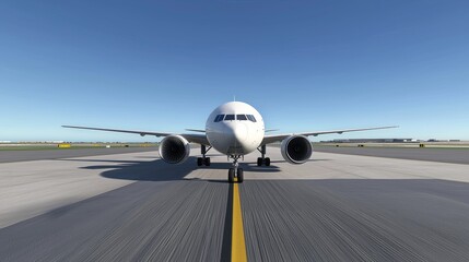 Front view of a commercial airplane on the runway, ready for takeoff under a clear blue sky. The aircraft's engines are visible, highlighting its engineering and design