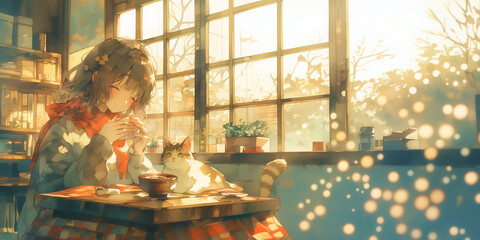 こたつでぜんざいを食べる女性。水彩画。イラスト。バナー素材。挿絵。