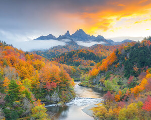 Obraz premium Majestic mountain landscape. serene mountain landscape with vibrant autumn colors and river