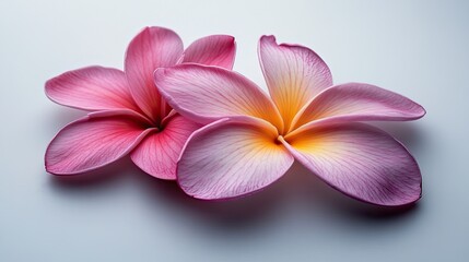 A close-up image of a pink plumeria flower featuring five delicate petals that radiate outward from a central yellow-orange hub.