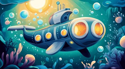 A cartoon submarine is floating in the ocean with a sun in the background. The submarine is surrounded by many bubbles, giving the impression of a playful and fun scene