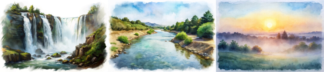 Scenic waterfall view, tranquil river landscape, serene sunrise over hills, watercolor painting style, nature art, peaceful scenery.