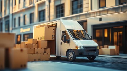 Fototapeta premium Delivery van unloading cardboard boxes on city street.