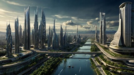 Obraz premium Neon Dreamscape: The Futuristic City at Sunset 