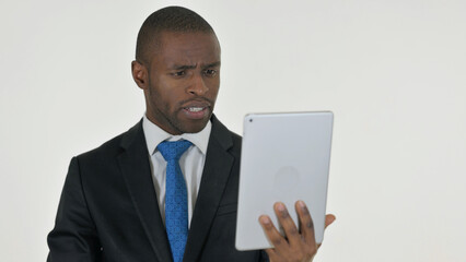 Portrait of African Businessman Doing Video Chat on Tablet on White Background