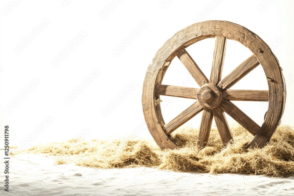 Poster a rustic wooden wheel sits atop a stack of dry hay, perfect for use in rustic or rural-themed compos