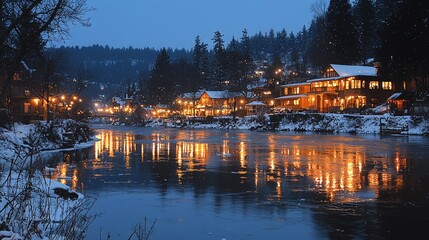 Fototapeta premium Snowy river town at night, lights reflecting, winter wonderland, holiday card image