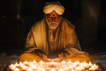 A man wearing a turban sits in front of a large array of candles, ready for meditation or ceremony