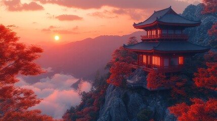 Obraz premium Sunset Temple, Mountaintop Serenity, Autumn