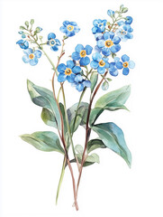 Obraz premium Watercolor illustration, sketch. Small bouquet of blue spring flowers, white background. Forget-me-not flowers. Cute delicate flowers, plants, leaves.