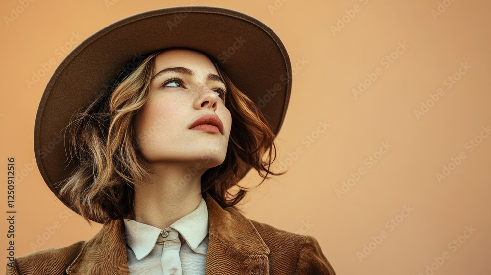 Poster a woman dressed in casual attire with a hat and jacket, suitable for everyday use or as a background