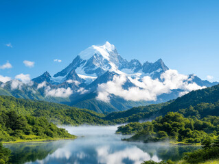 Naklejka premium Majestic mountain landscape. Majestic mountain range with snow capped peaks and serene lake view