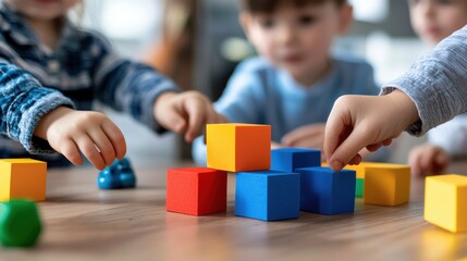 Group of young children sitting around a table and collaboratively building structures and designs using a variety of colorful wooden blocks