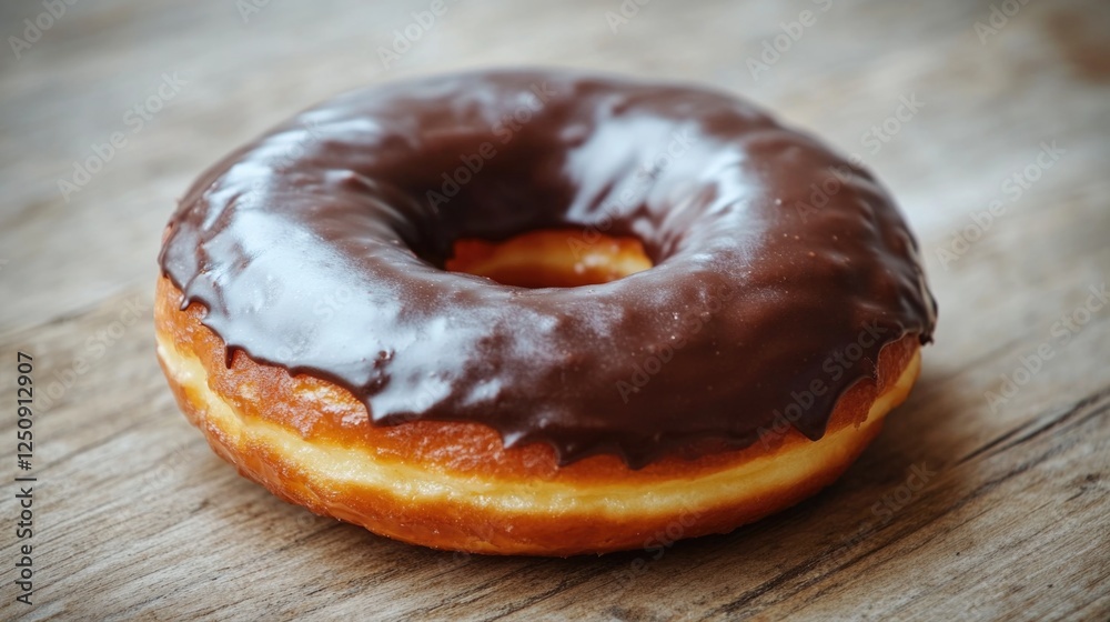 Poster a single chocolate frosted donut sits on a wooden table, ready to be devoured