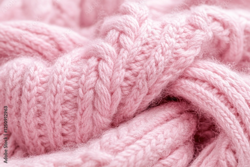 Poster a close-up view of a soft pink knitted blanket with intricate details