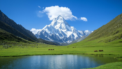 Majestic mountain landscape. Majestic alpine mountain range with snowy peak and serene lake view