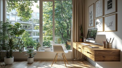 Obraz premium Modern Home Office with Green Plants and Large Window