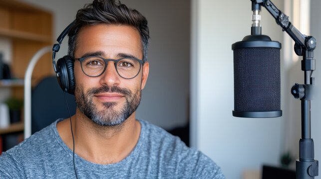 Portrait of a smiling tech entrepreneur hosting a live webinar or podcast in his home recording studio setup wearing headphones and glasses with a professional microphone in front of him